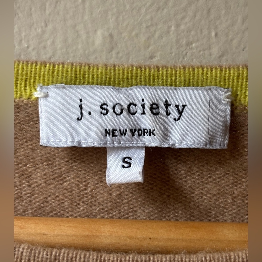 J. Society Cashmere Crew Neck Tan Sweater with Colorful Stripes - Picture 2 of 6